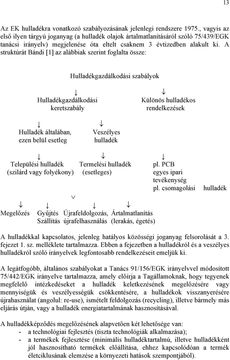 A struktúrát Bándi [1] az alábbiak szerint foglalta össze: Hulladékgazdálkodási szabályok Hulladékgazdálkodási keretszabály Különös hulladékos rendelkezések Hulladék általában, ezen belül esetleg