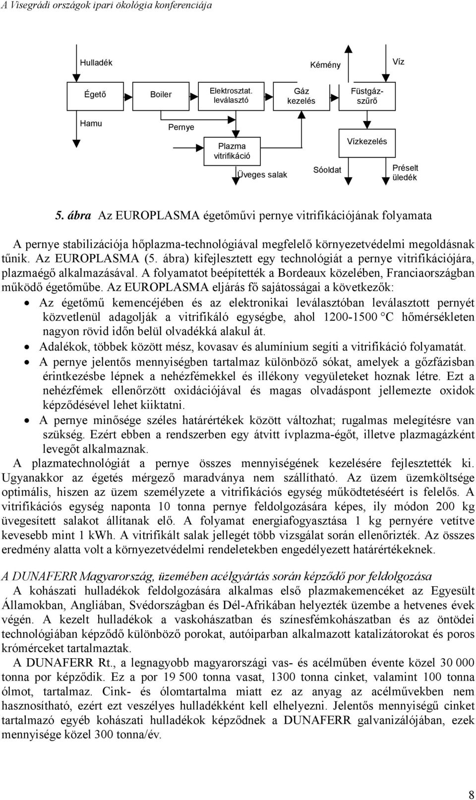 ábra Az EUROPLASMA égetőművi pernye vitrifikációjának folyamata A pernye stabilizációja hőplazma-technológiával megfelelő környezetvédelmi megoldásnak tűnik. Az EUROPLASMA (5.