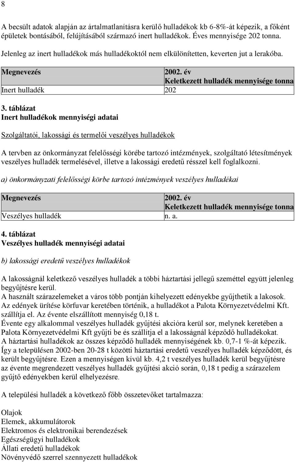 táblázat Inert hulladékok mennyiségi adatai Szolgáltatói, lakossági és termelői veszélyes hulladékok A tervben az önkormányzat felelősségi körébe tartozó intézmények, szolgáltató létesítmények