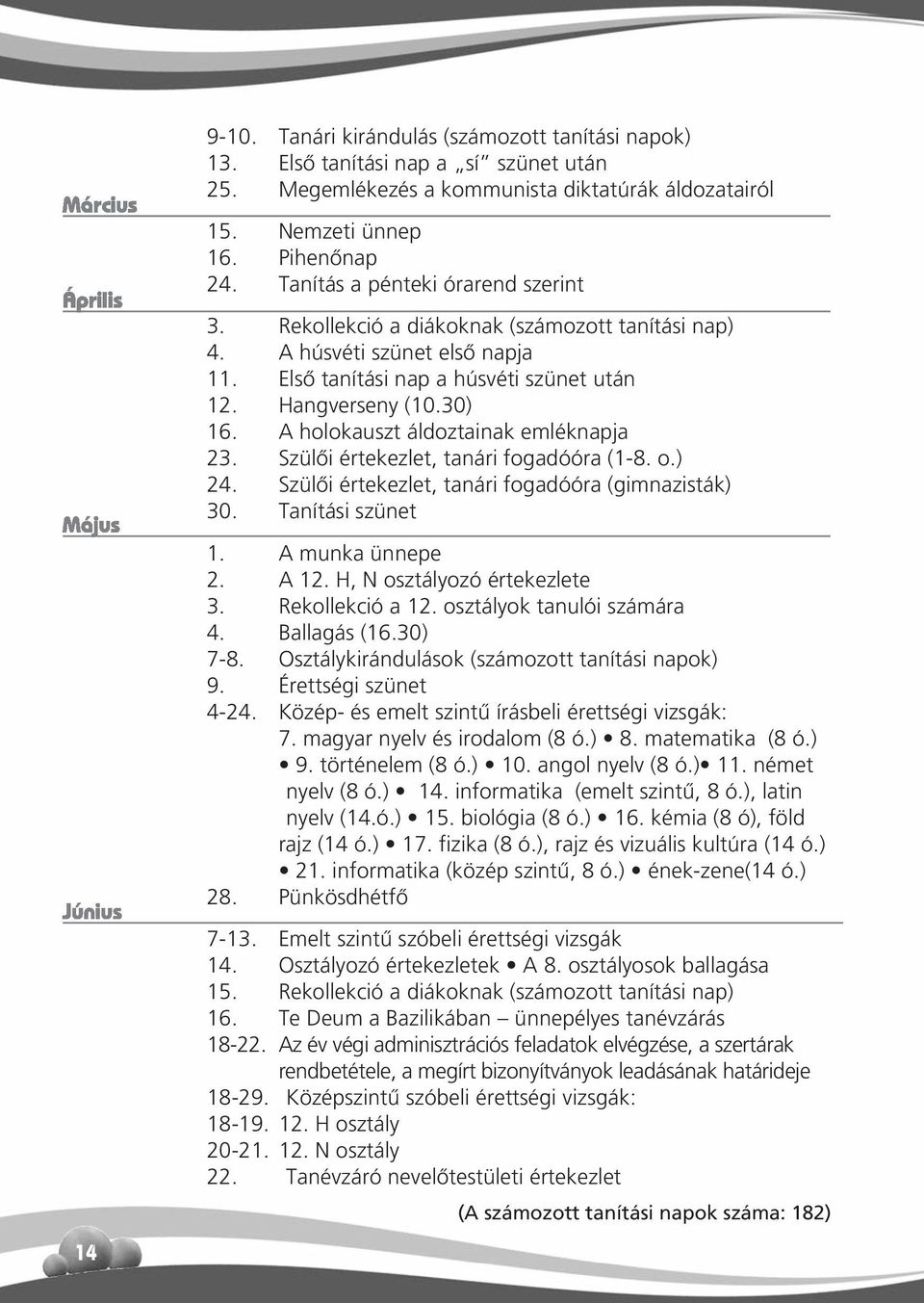 A holokauszt áldoztainak emléknapja 23. Szülői értekezlet, tanári fogadóóra (1-8. o.) 24. Szülői értekezlet, tanári fogadóóra (gimnazisták) 30. Tanítási szünet 1. A munka ünnepe 2. A 12.