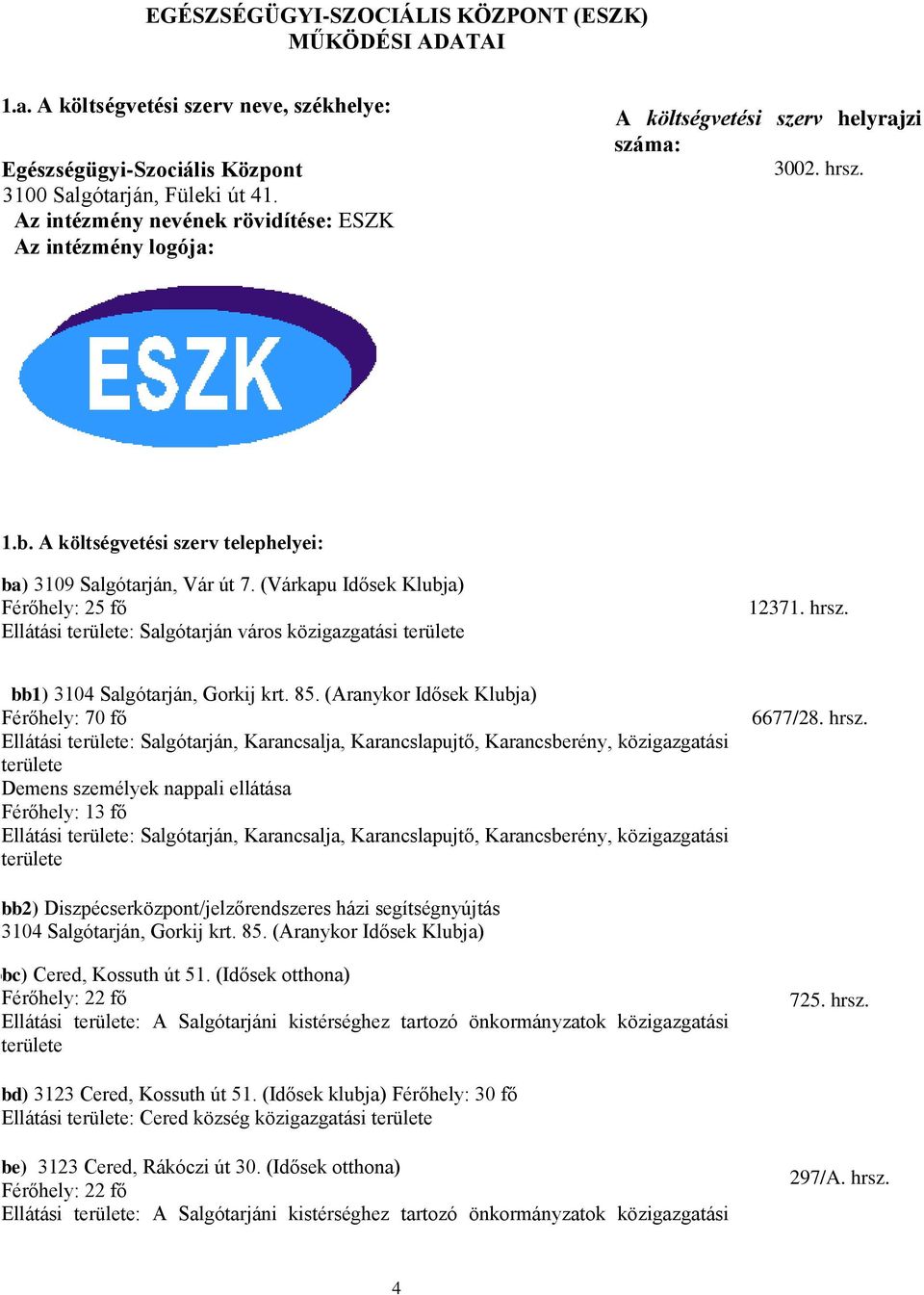 (Várkapu Idősek Klubja) Férőhely: 25 fő Ellátási területe: Salgótarján város közigazgatási területe 12371. hrsz. bb1) 3104 Salgótarján, Gorkij krt. 85.