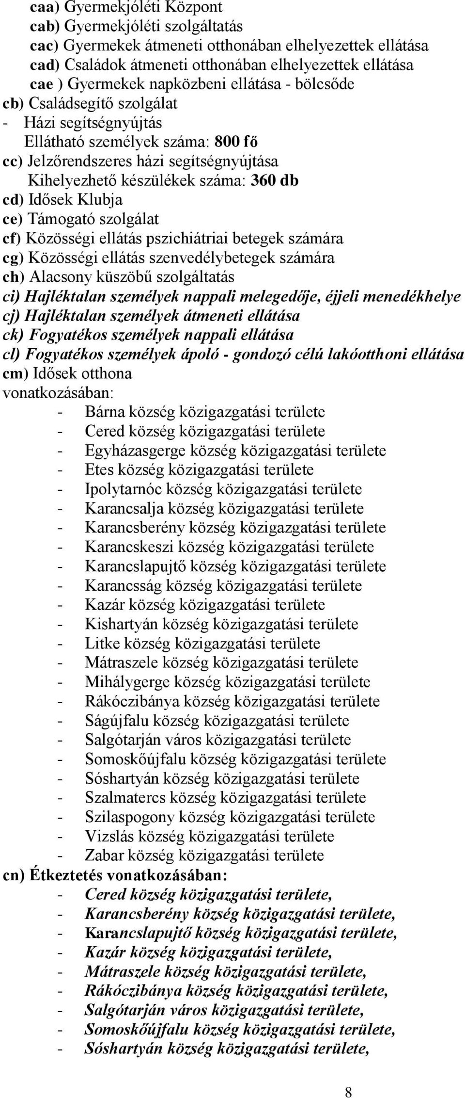 Idősek Klubja ce) Támogató szolgálat cf) Közösségi ellátás pszichiátriai betegek számára cg) Közösségi ellátás szenvedélybetegek számára ch) Alacsony küszöbű szolgáltatás ci) Hajléktalan személyek