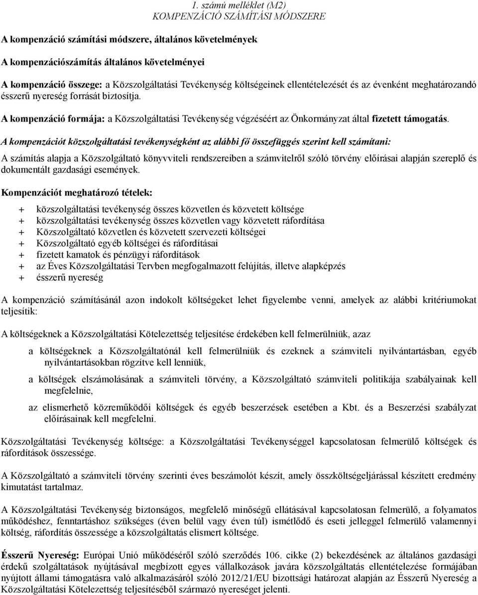 A kompenzáció formája: a Közszolgáltatási Tevékenység végzéséért az Önkormányzat által fizetett támogatás.