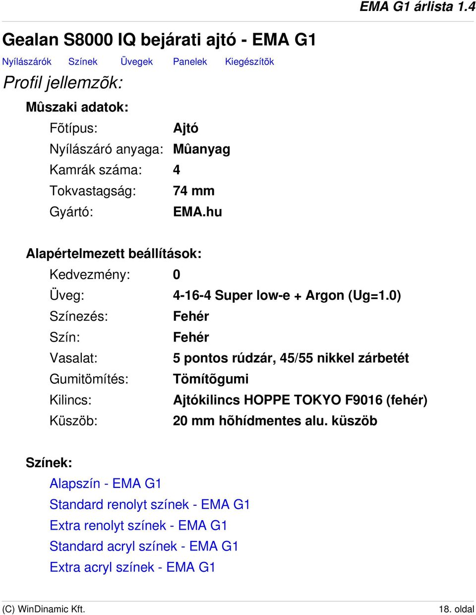 0) Színezés: Fehér Szín: Fehér Vasalat: 5 pontos rúdzár, 45/55 nikkel zárbetét Gumitömítés: Tömítõgumi Kilincs: Ajtókilincs HOPPE TOKYO F9016 (fehér) Küszöb: