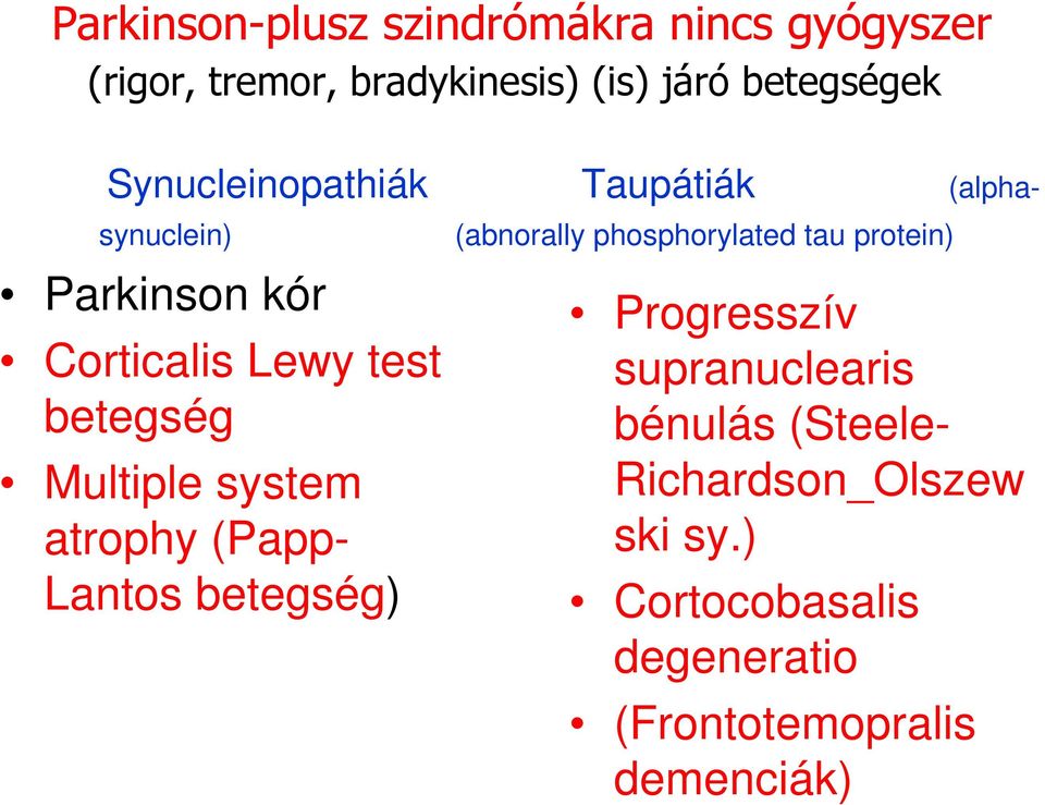 system atrophy (Papp- Lantos betegség) (abnorally phosphorylated tau protein) Progresszív