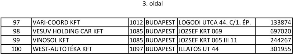 069 697020 99 VINOSOL KFT 1085 BUDAPEST JOZSEF KRT 065 III 11