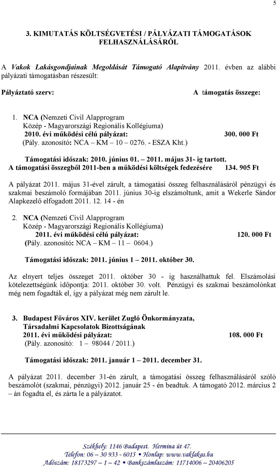 évi működési célú pályázat: 300. 000 Ft (Pály. azonosító: NCA KM 10 0276. - ESZA Kht.) Támogatási időszak: 2010. június 01. 2011. május 31- ig tartott.