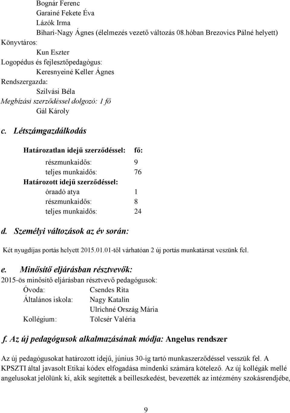 Létszámgazdálkodás Határozatlan idejű szerződéssel: fő: részmunkaidős: 9 teljes munkaidős: 76 Határozott idejű szerződéssel: óraadó atya 1 részmunkaidős: 8 teljes munkaidős: 24 d.