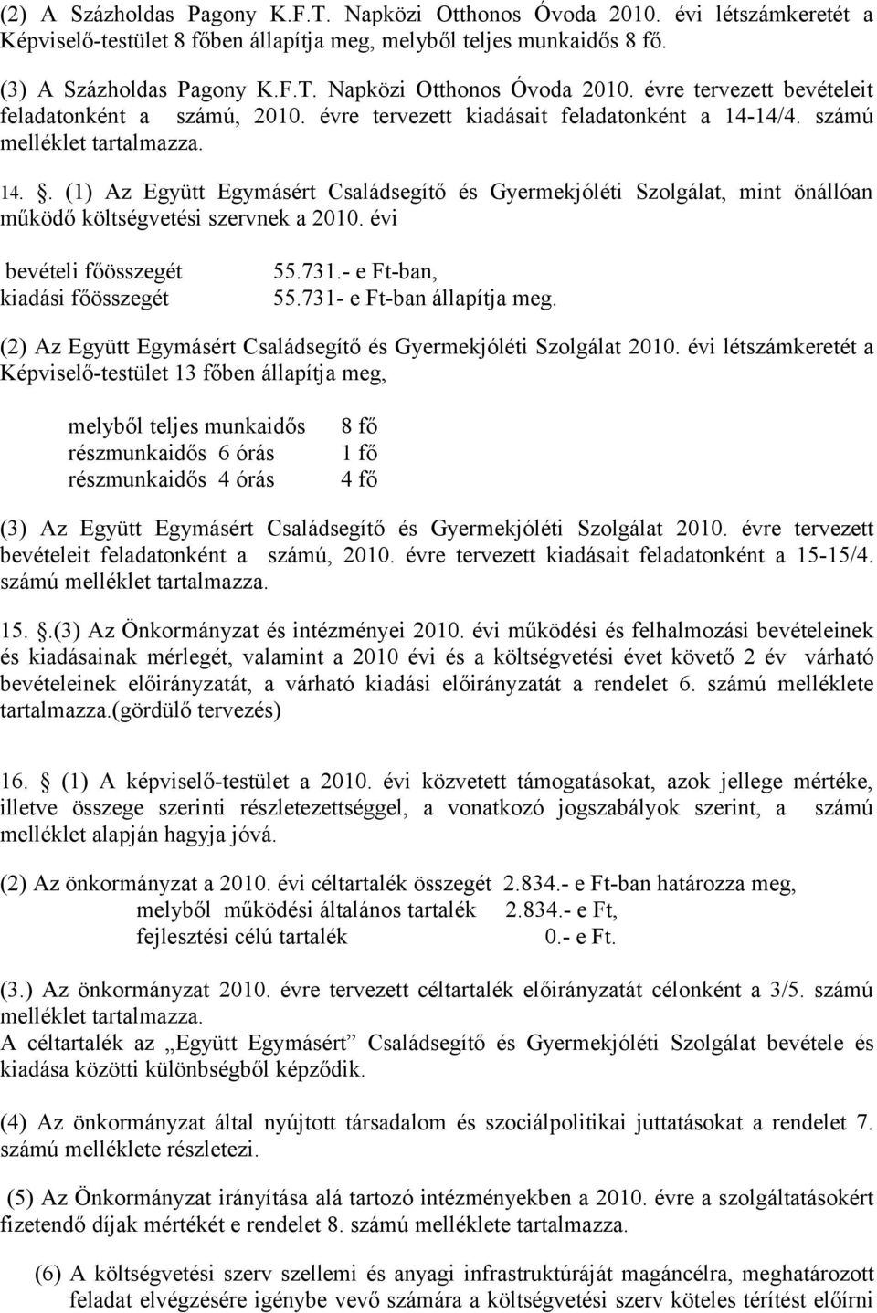 évi bevételi főösszegét kiadási főösszegét 55.731.- e Ft-ban, 55.731- e Ft-ban állapítja meg. (2) Az Együtt Egymásért Családsegítő és Gyermekjóléti Szolgálat 2010.