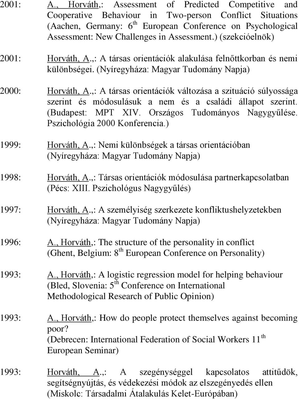 Assessment.) (szekcióelnök) 2001: Horváth, A.,: A társas orientációk alakulása felnőttkorban és nemi különbségei. (Nyíregyháza: Magyar Tudomány Napja) 2000: Horváth, A.