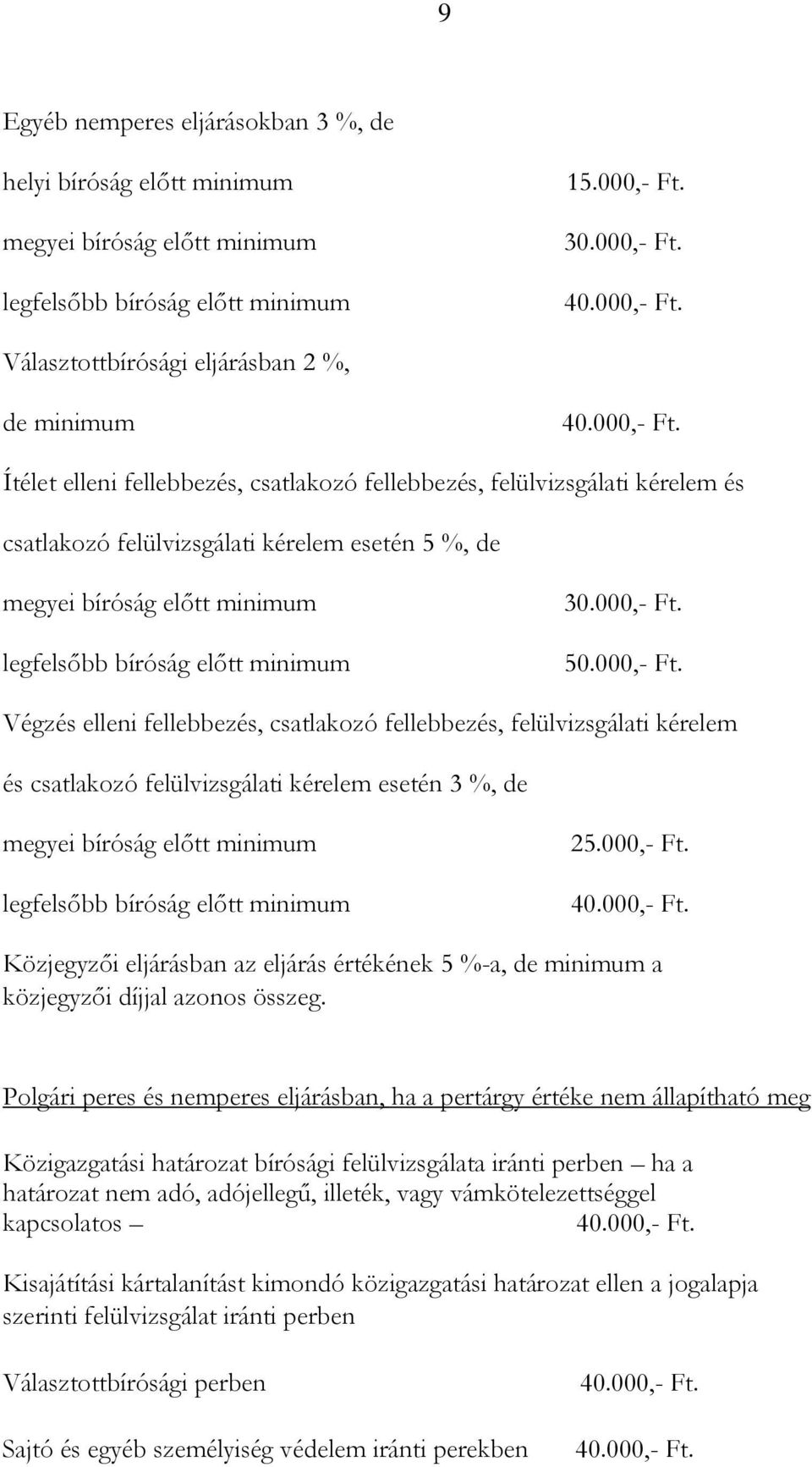 előtt minimum. 50.000,- Ft. Végzés elleni fellebbezés, csatlakozó fellebbezés, felülvizsgálati kérelem és csatlakozó felülvizsgálati kérelem esetén 3 %, de legfelsőbb bíróság előtt minimum 25.