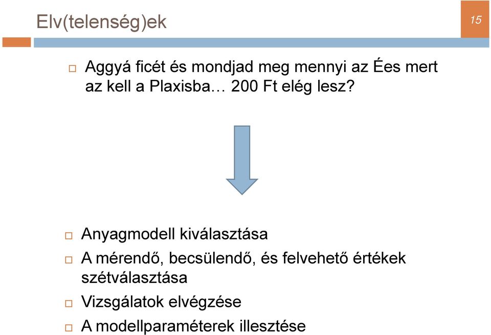 Anyagmodell kiválasztása A mérendő, becsülendő, és felvehető