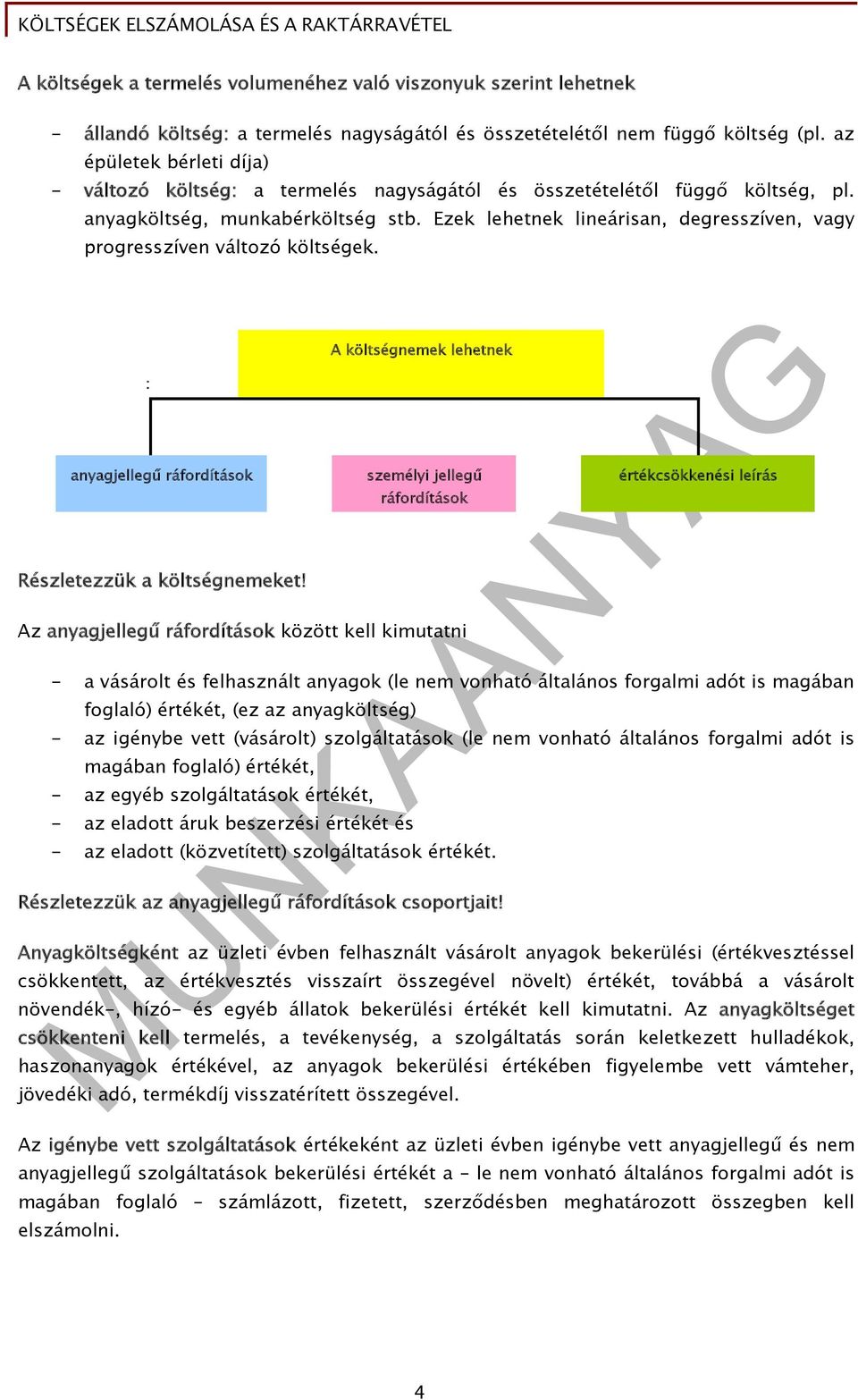 Ezek lehetnek lineárisan, degresszíven, vagy progresszíven változó költségek. : anyagjellegű ráfordítások Részletezzük a költségnemeket!