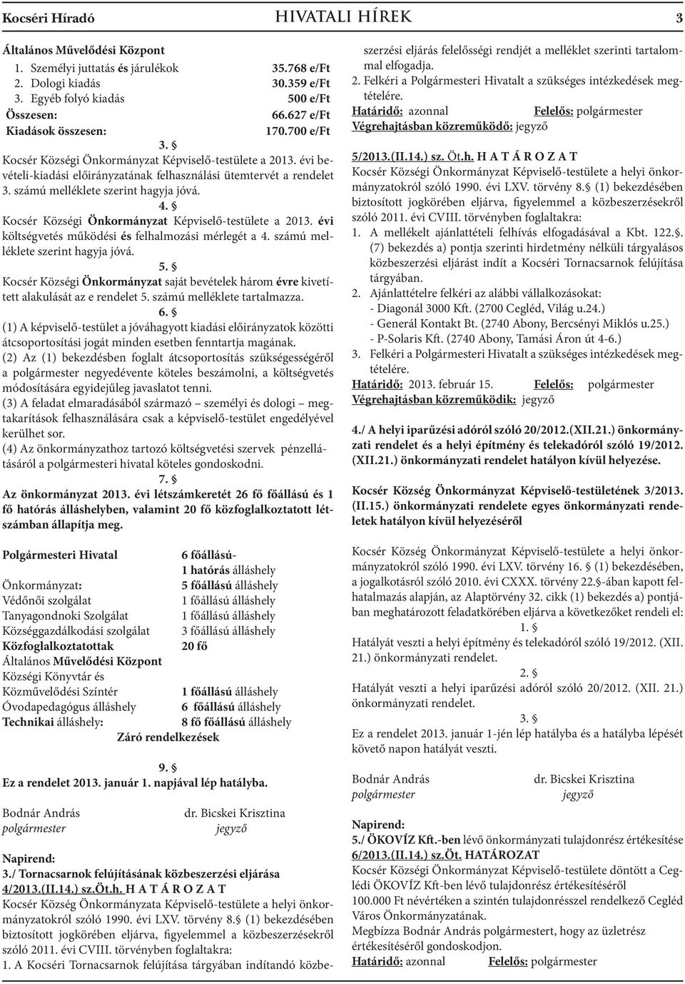 számú melléklete szerint hagyja jóvá. 4. Kocsér Községi Önkormányzat Képviselő-testülete a 2013. évi költségvetés működési és felhalmozási mérlegét a 4. számú melléklete szerint hagyja jóvá. 5.