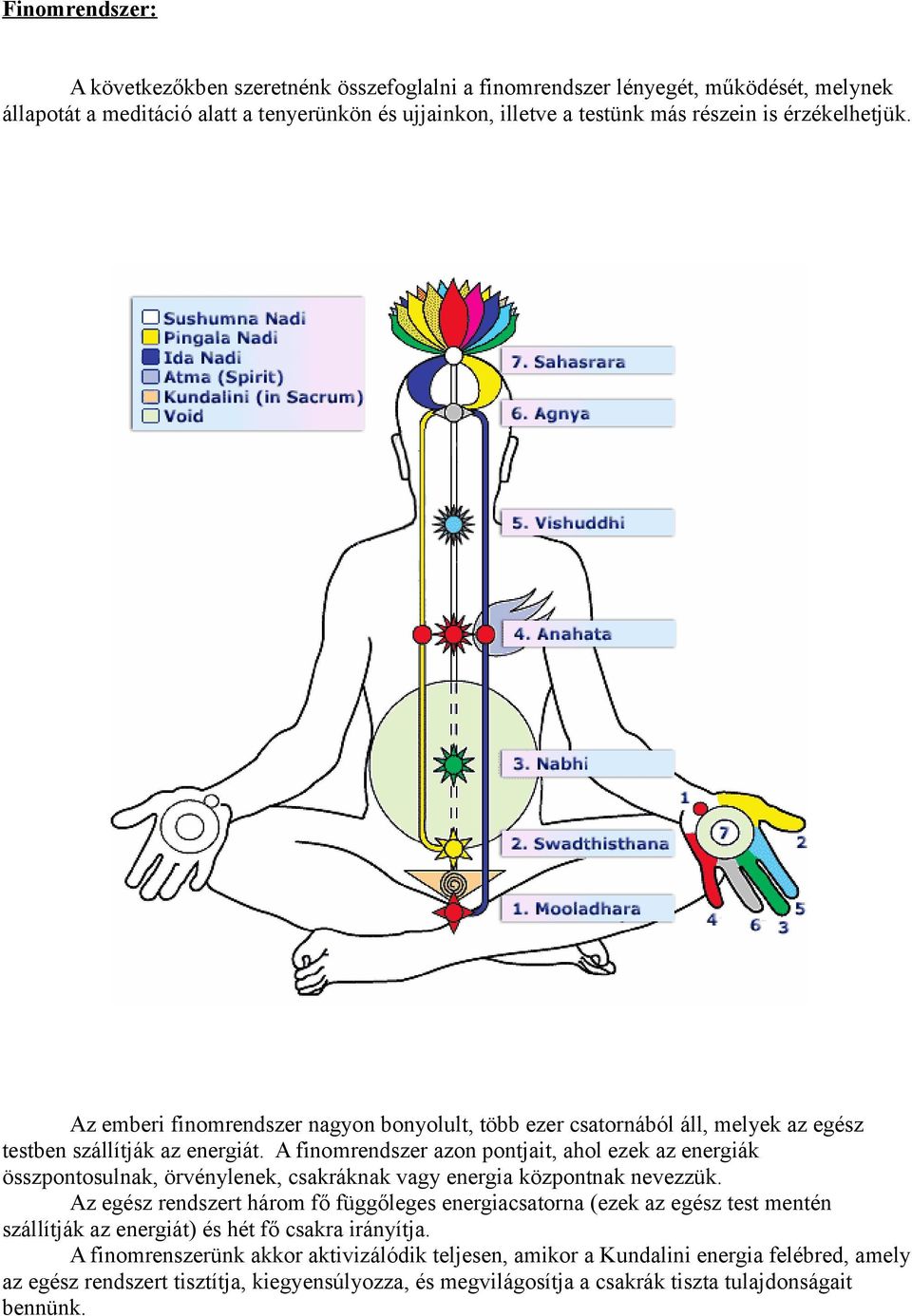 A finomrendszer azon pontjait, ahol ezek az energiák összpontosulnak, örvénylenek, csakráknak vagy energia központnak nevezzük.