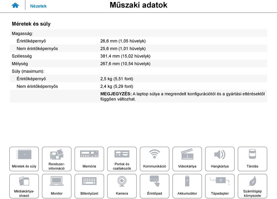 mm (15,02 hüvelyk) 267,6 mm (10,54 hüvelyk) 2,5 kg (5,51 font) 2,4 kg (5,29 font)