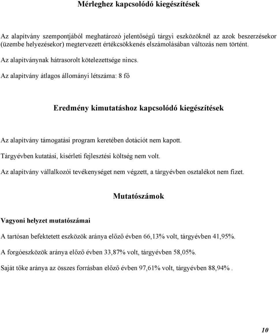 Az alapítvány átlagos állományi létszáma: 8 fő Eredmény kimutatáshoz kapcsolódó kiegészítések Az alapítvány támogatási program keretében dotációt nem kapott.