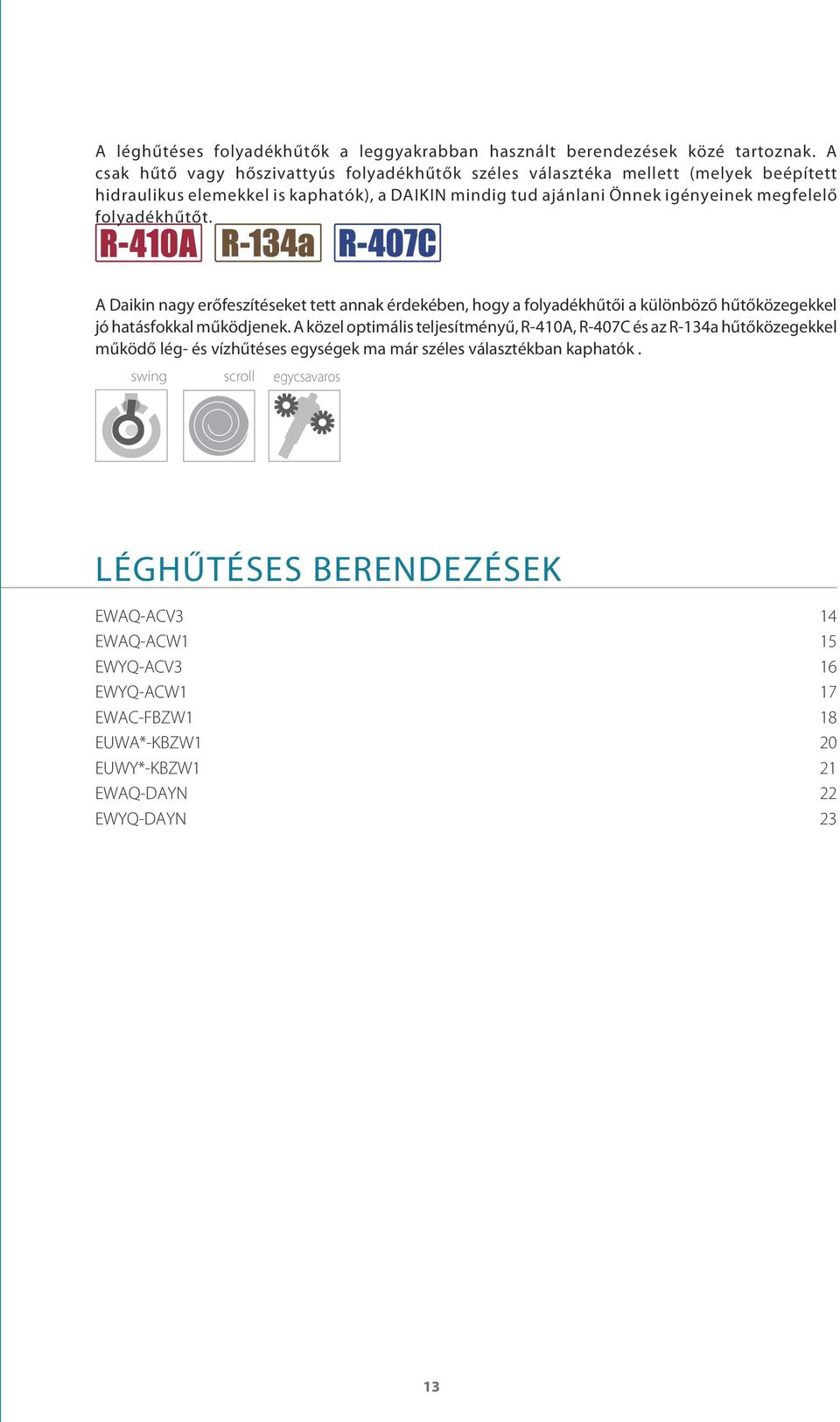 folyadékhűtőt. A Daikin nagy erőfeszítéseket tett annak érdekében, hogy a folyadékhűtői a különböző hűtőközegekkel jó hatásfokkal működjenek.