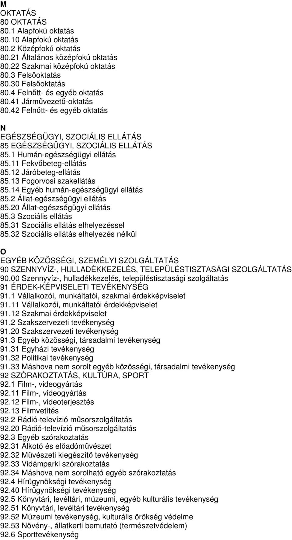 11 Fekvőbeteg-ellátás 85.12 Járóbeteg-ellátás 85.13 Fogorvosi szakellátás 85.14 Egyéb humán-egészségügyi ellátás 85.2 Állat-egészségügyi ellátás 85.20 Állat-egészségügyi ellátás 85.