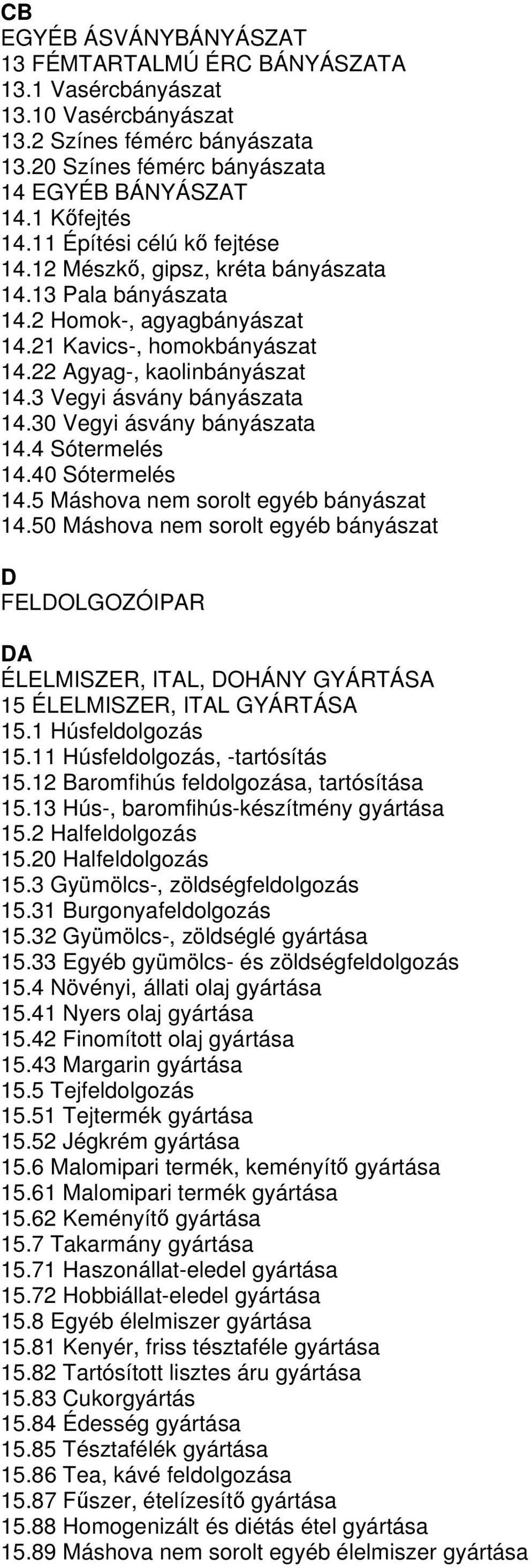 3 Vegyi ásvány bányászata 14.30 Vegyi ásvány bányászata 14.4 Sótermelés 14.40 Sótermelés 14.5 Máshova nem sorolt egyéb bányászat 14.