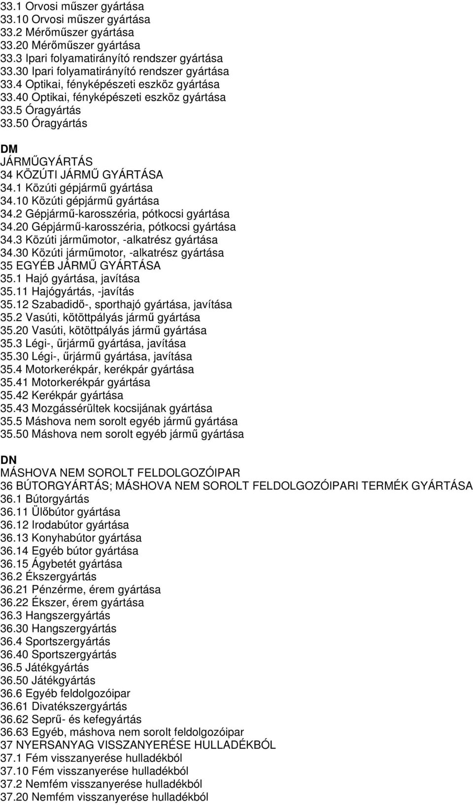 50 Óragyártás DM JÁRMŰGYÁRTÁS 34 KÖZÚTI JÁRMŰ GYÁRTÁSA 34.1 Közúti gépjármű gyártása 34.10 Közúti gépjármű gyártása 34.2 Gépjármű-karosszéria, pótkocsi gyártása 34.