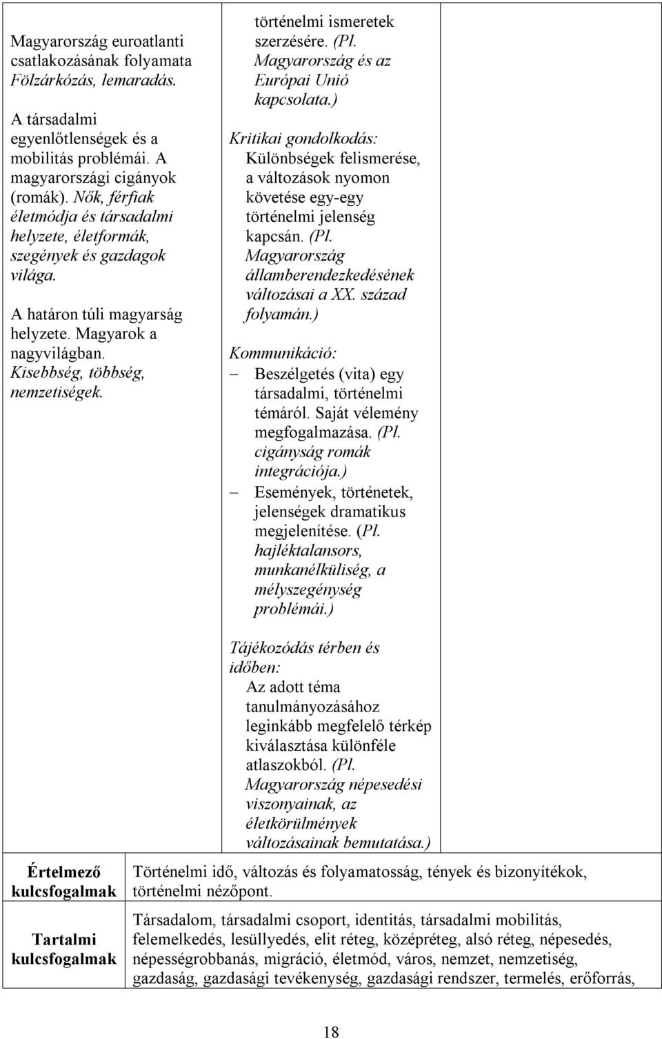 történelmi ismeretek szerzésére. (Pl. Magyarország és az Európai Unió kapcsolata.) Kritikai gondolkodás: Különbségek felismerése, a változások nyomon követése egy-egy történelmi jelenség kapcsán. (Pl. Magyarország államberendezkedésének változásai a XX.