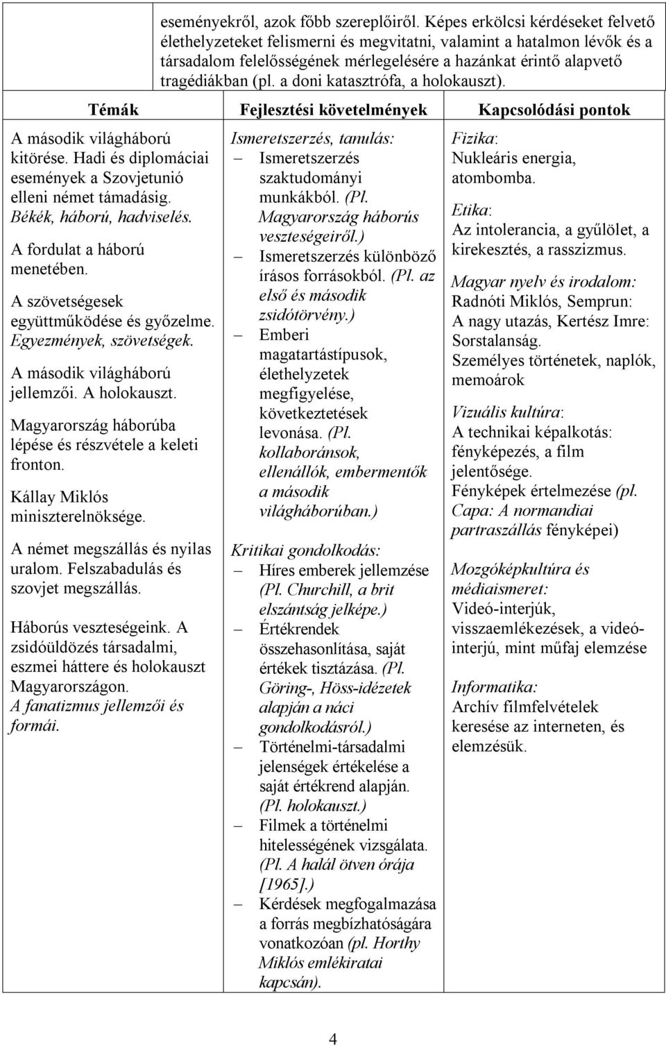 a doni katasztrófa, a holokauszt). Témák Fejlesztési követelmények Kapcsolódási pontok A második világháború kitörése. Hadi és diplomáciai események a Szovjetunió elleni német támadásig.