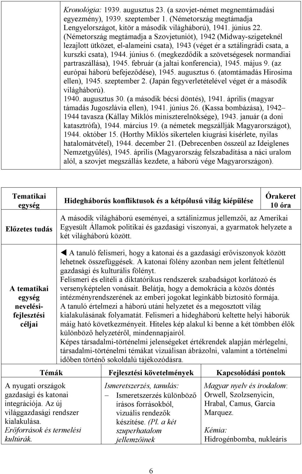 (megkezdődik a szövetségesek normandiai partraszállása), 1945. február (a jaltai konferencia), 1945. május 9. (az európai háború befejeződése), 1945. augusztus 6. (atomtámadás Hirosima ellen), 1945.