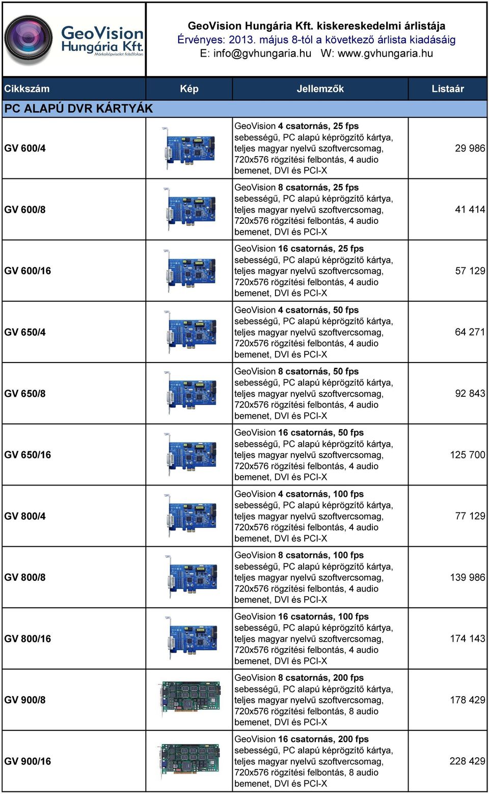 hu Cikkszám Kép Jellemzők Listaár PC ALAPÚ DVR KÁRTYÁK GV 600/4 GV 600/8 GV 600/16 GV 650/4 GV 650/8 GV 650/16 GV 800/4 GV 800/8 GV 800/16 GV 900/8 GV 900/16 GeoVision 4 csatornás, 25 fps sebességű,