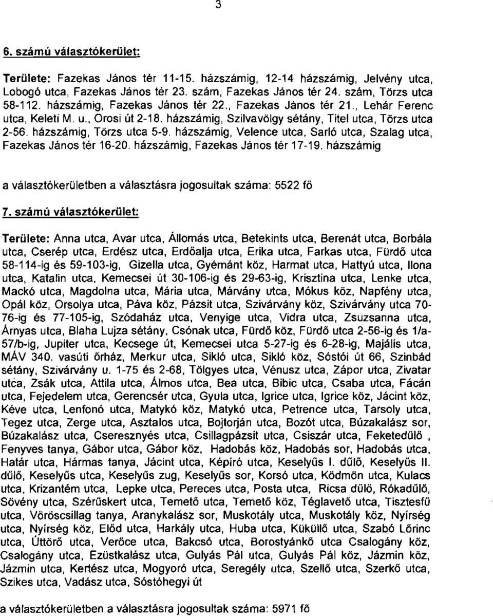 házszámig, Velence utca, Sarló utca, Szalag utca, Fazekas János tér 16-20. házszámig, Fazekas János tér 17-19. házszámig a választókerületben a választásra jogosultak száma: 5522 fő 7.