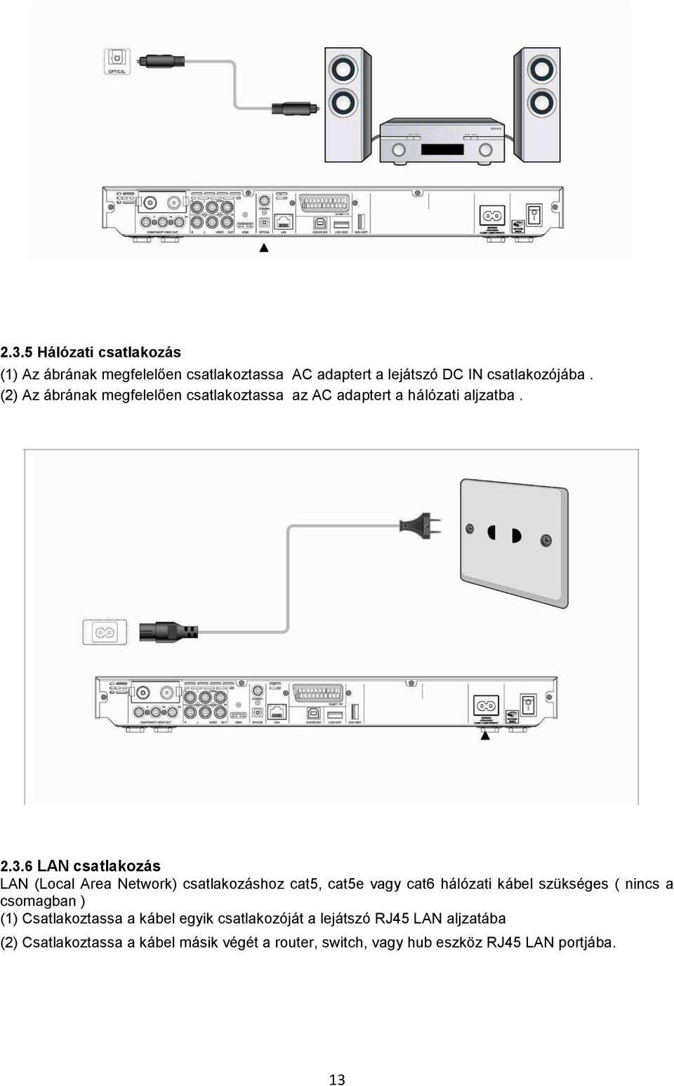 6 LAN csatlakozás LAN (Local Area Network) csatlakozáshoz cat5, cat5e vagy cat6 hálózati kábel szükséges ( nincs a