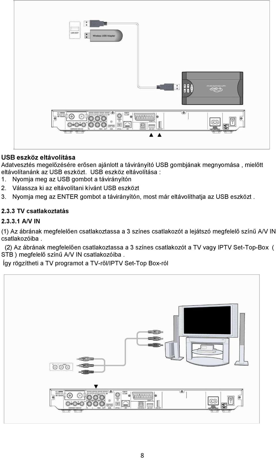 2.3.3 TV csatlakoztatás 2.3.3.1 A/V IN (1) Az ábrának megfelelően csatlakoztassa a 3 színes csatlakozót a lejátszó megfelelő színű A/V IN csatlakozóiba.