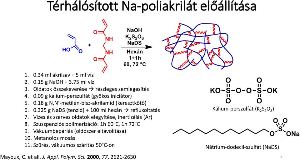 Vizes és szerves oldatok elegyítése, inertizálás (Ar) 8. Szuszpenziós polimerizáció: 1h 60 C, 1h 72 C 9. Vákuumbepárlás (oldószer eltávolítása) 10.