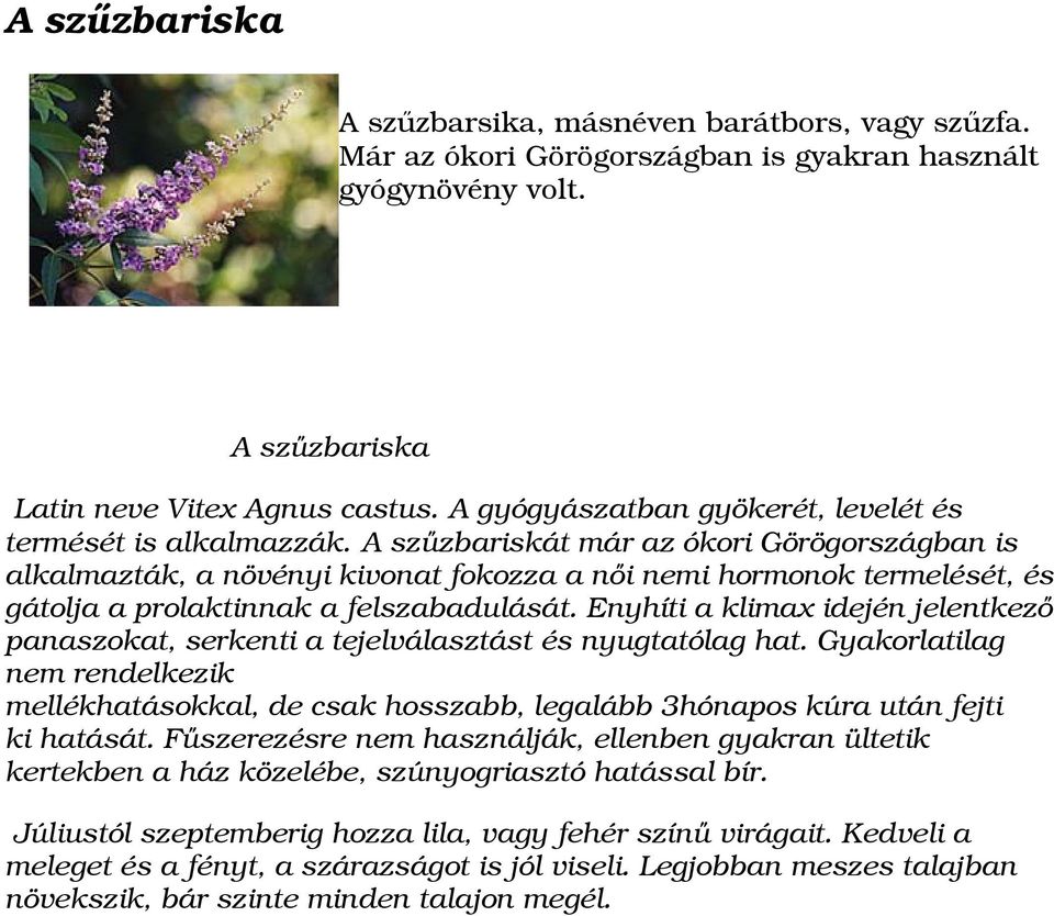 A szűzbariskát már az ókori Görögországban is alkalmazták, a növényi kivonat fokozza a női nemi hormonok termelését, és gátolja a prolaktinnak a felszabadulását.