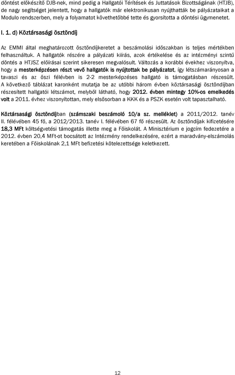 d) Köztársasági ösztöndíj Az EMMI által meghatározott ösztöndíjkeretet a beszámolási időszakban is teljes mértékben felhasználtuk.