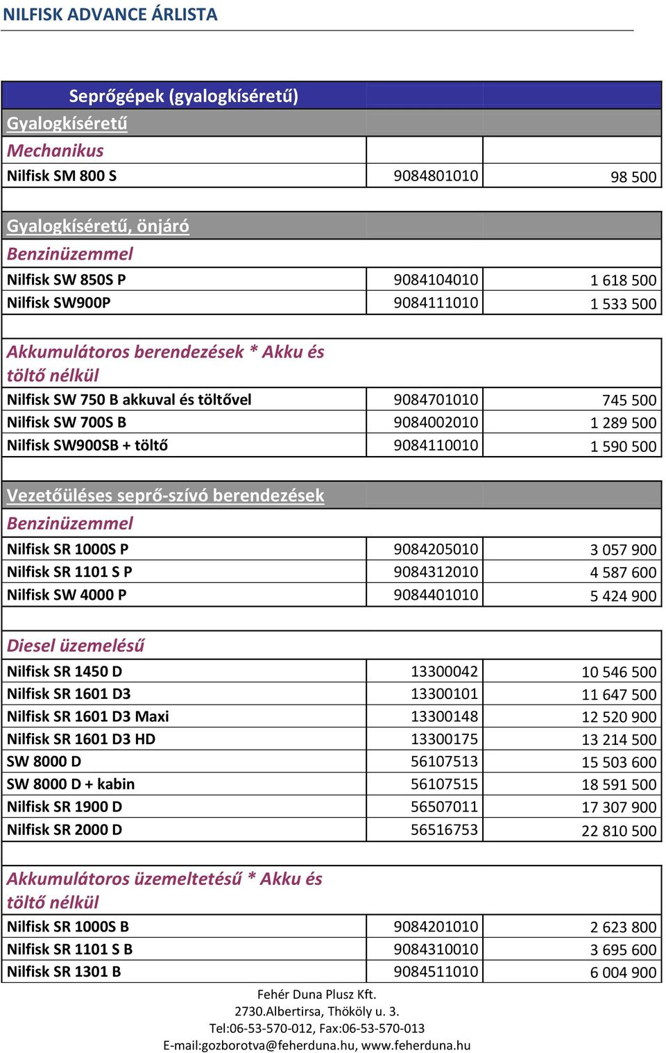 Vezetőüléses seprő-szívó berendezések Benzinüzemmel Nilfisk SR 1000S P 9084205010 3 057 900 Nilfisk SR 1101 S P 9084312010 4 587 600 Nilfisk SW 4000 P 9084401010 5 424 900 Diesel üzemelésű Nilfisk SR