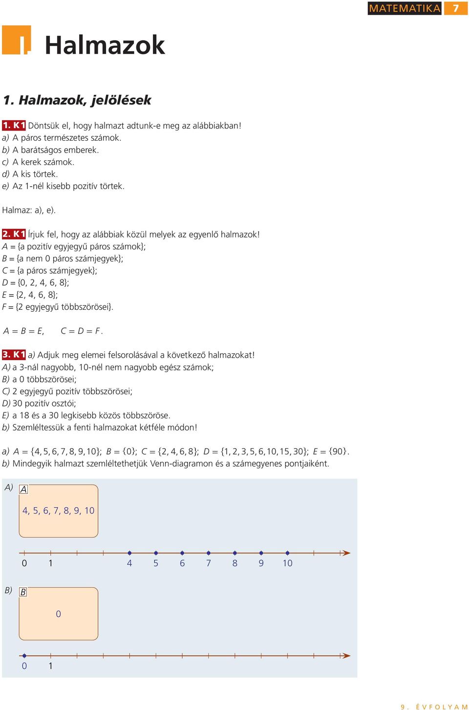 A = {a pzitív egyjegyű párs számk}; B = {a nem 0 párs számjegyek}; C = {a párs számjegyek}; D = {0,, 4, 6, 8}; E = {, 4, 6, 8}; F = { egyjegyű többszörösei} A = B = E, C = D = F K a) Adjuk meg elemei