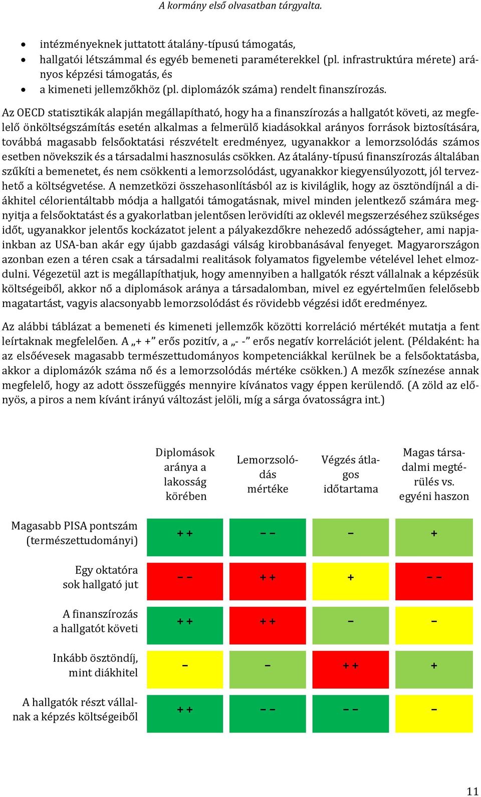 Az OECD statisztikák alapján megállapítható, hogy ha a finanszírozás a hallgatót követi, az megfelelő önköltségszámítás esetén alkalmas a felmerülő kiadásokkal arányos források biztosítására, továbbá