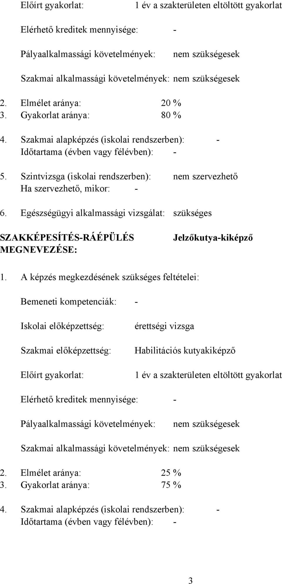 Szintvizsga (iskolai rendszerben): Ha szervezhető, mikor: - Egészségügyi alkalmassági vizsgálat: nem szervezhető szükséges SZAKKÉPESÍTÉS-RÁÉPÜLÉS MEGNEVEZÉSE: Jelzőkutya-kiképző 1.