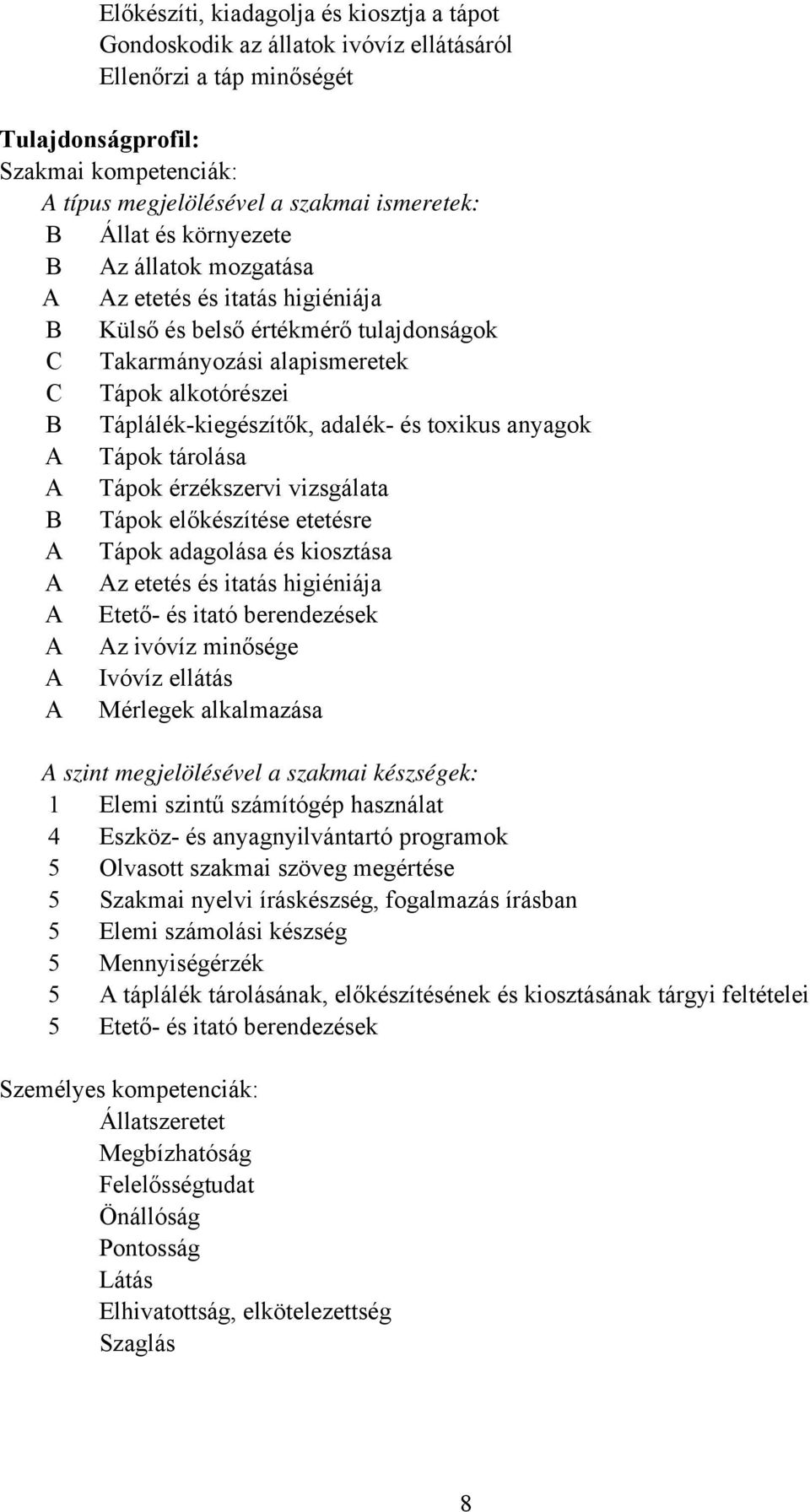 adalék- és toxikus anyagok A Tápok tárolása A Tápok érzékszervi vizsgálata B Tápok előkészítése etetésre A Tápok adagolása és kiosztása A Az etetés és itatás higiéniája A Etető- és itató berendezések