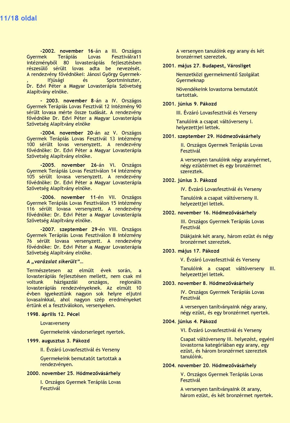 Országos Gyermek Terápiás Lovas Fesztivál 12 intézmény 90 sérült lovasa mérte össze tudását. A rendezvény fővédnöke Dr. Edvi Péter a Magyar Lovasterápia Szövetség Alapítvány elnöke -2004.