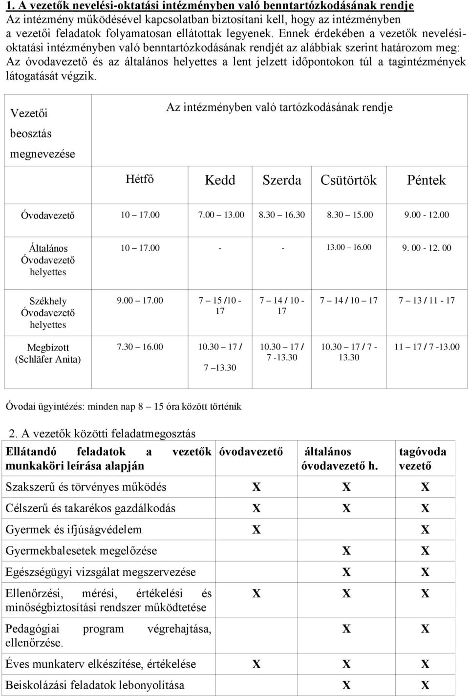 Ennek érdekében a vezetők nevelésioktatási intézményben való benntartózkodásának rendjét az alábbiak szerint határozom meg: Az óvodavezető és az általános helyettes a lent jelzett időpontokon túl a