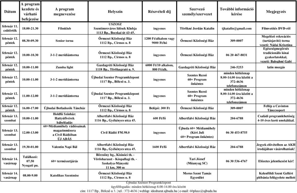 00 Holdfű Színház: Hattyúfivérek bábelőadás 60+Médiaműhely rádiósainak magazinműsora a Civil Rádióban ÚJ ADÁS 19.30-01.00 Valentin Napi Bál 07.50 Nyugati pu. 60+ természetjárás 08.00-9.