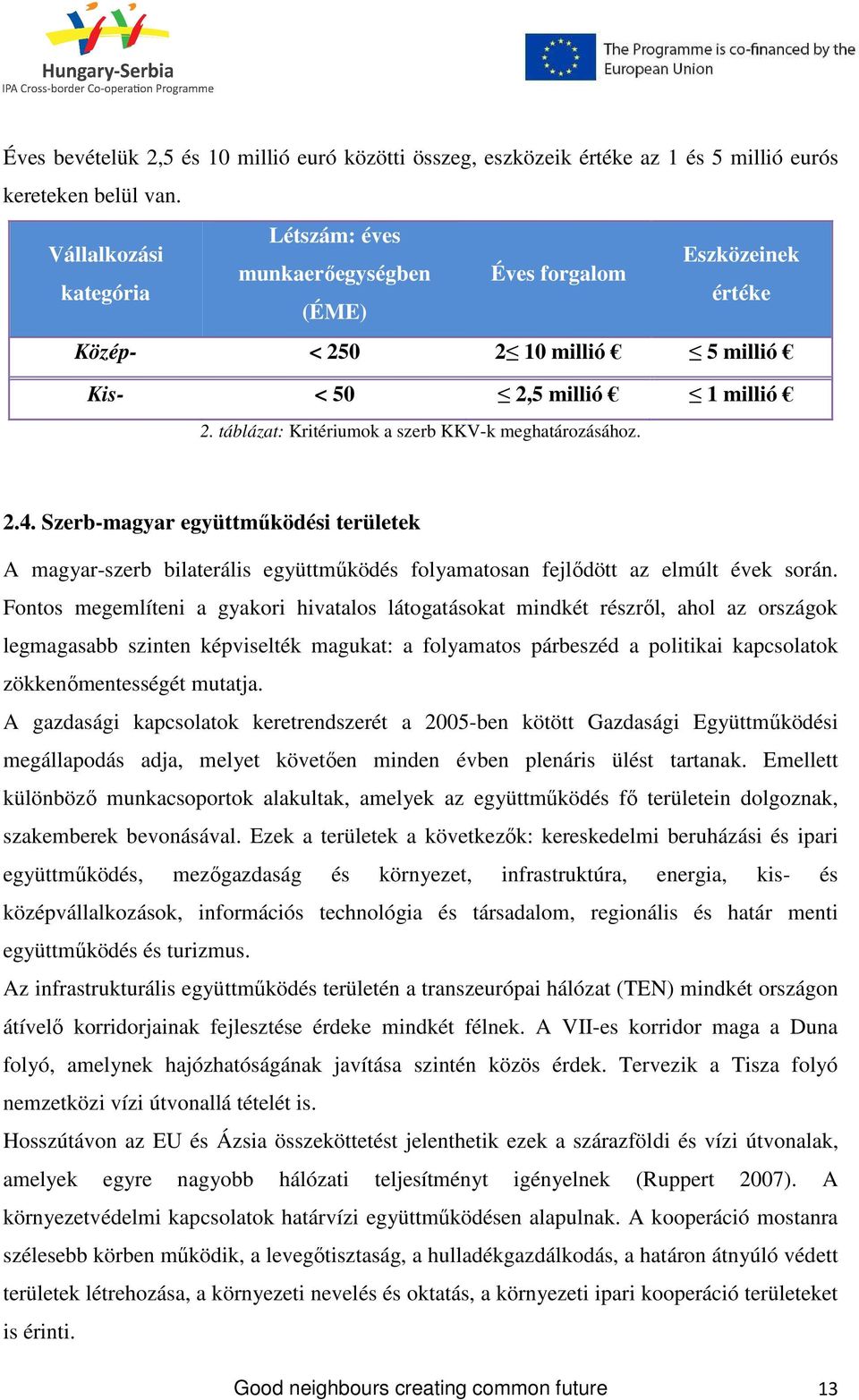 táblázat: Kritériumok a szerb KKV-k meghatározásához. 2.4. Szerb-magyar együttmőködési területek A magyar-szerb bilaterális együttmőködés folyamatosan fejlıdött az elmúlt évek során.