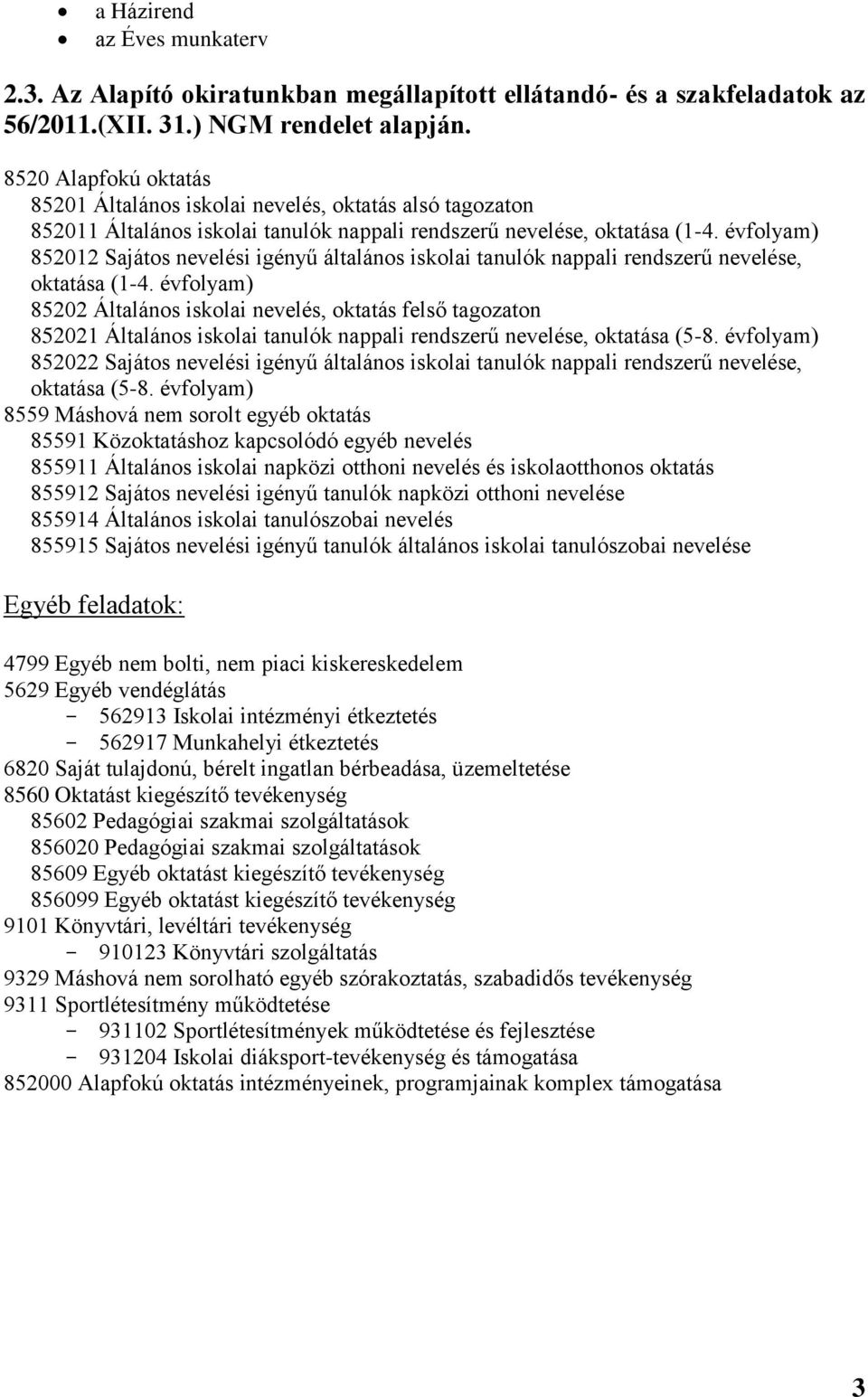 évfolyam) 852012 Sajátos nevelési igényű általános iskolai tanulók nappali rendszerű nevelése, oktatása (1-4.