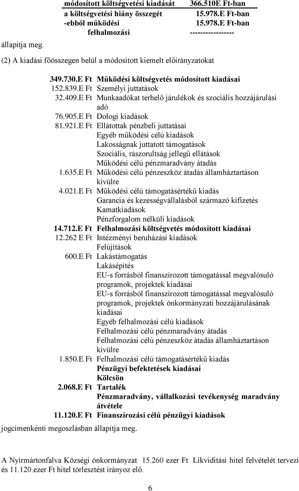 E Ft Személyi juttatások 32.409.E Ft Munkaadókat terhelő járulékok és szociális hozzájárulási adó 76.905.E Ft Dologi kiadások 81.921.