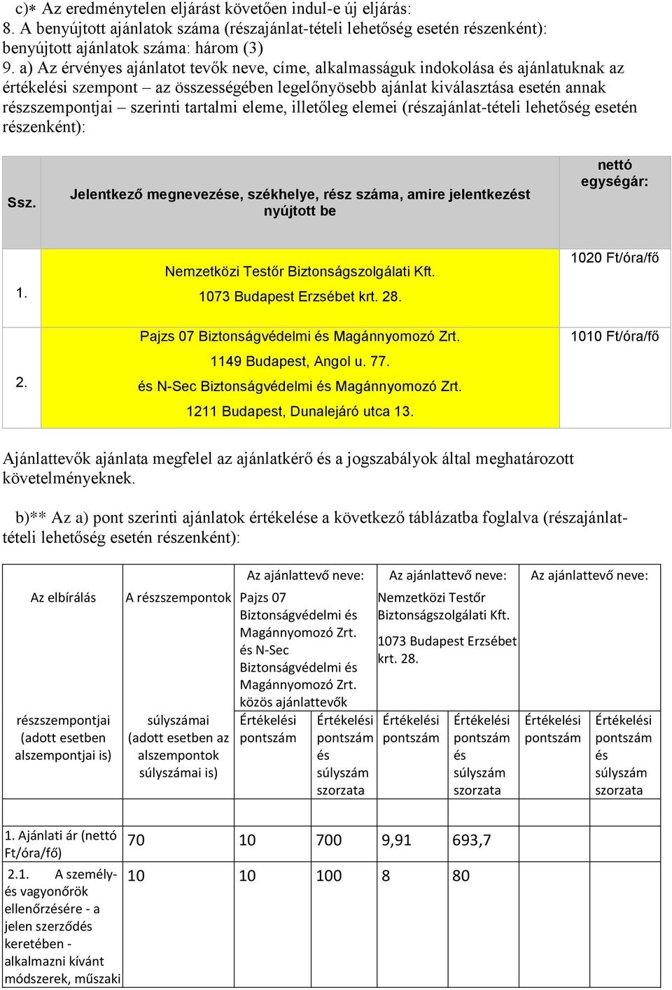 tartalmi eleme, illetőleg elemei (részajánlat-tételi lehetőség esetén részenként): Ssz. Jelentkező megnevezése, székhelye, rész száma, amire jelentkezést nyújtott be nettó egységár: 1.