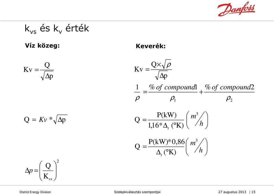 ρ 2 Q = Kv * p Q P(kW) = 1,16* ( K) t m 3 h p = Q