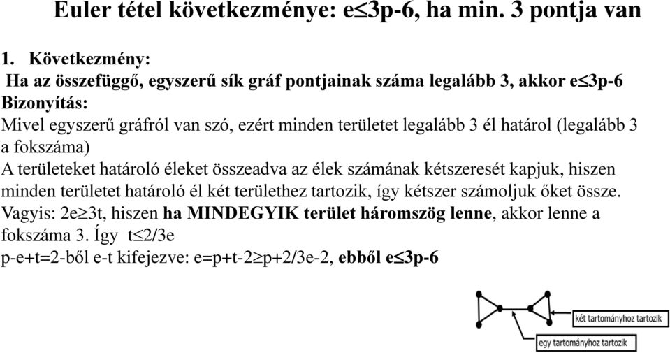 minden területet legalább 3 él határol (legalább 3 a fokszáma) A területeket határoló éleket összeadva az élek számának kétszeresét kapjuk, hiszen