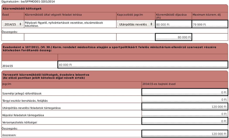 rendelet módosítása alapján a sportpolitikáért f elelős minisztérium ellenőrző szervezet részére kötelezően fordítandó összeg: 2014/15 40 00 Tervezett közreműködői költségek, évadokra